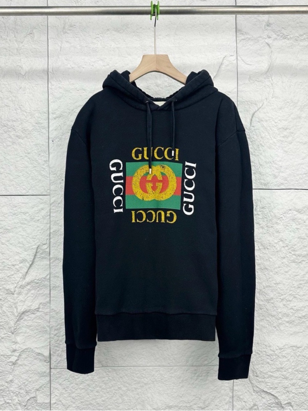 Gucci Black Pullover Hoodie with Green Red Gold Logo